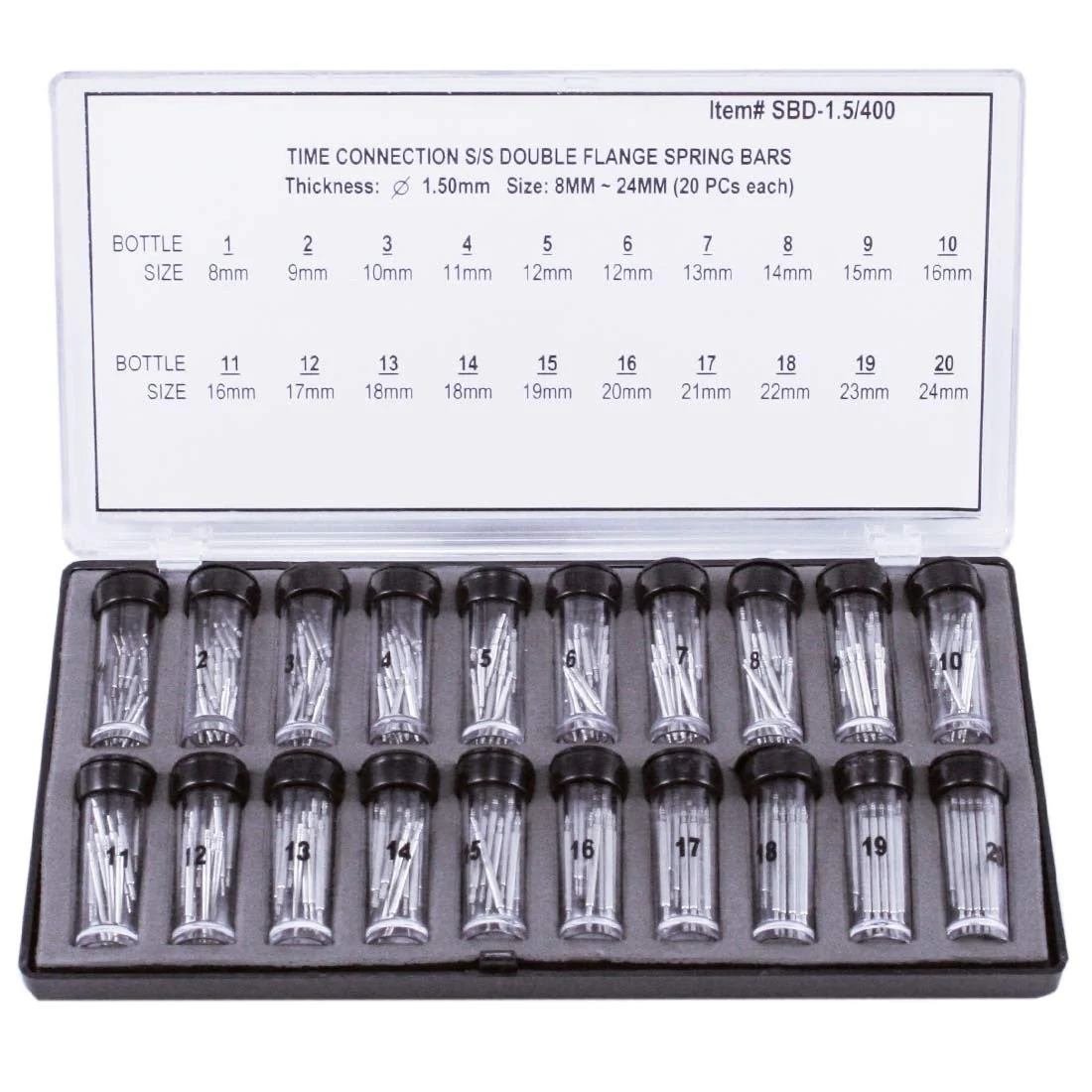 1.50mm Double Flange Spring Bars, Set 400 Pieces (8~24mm)