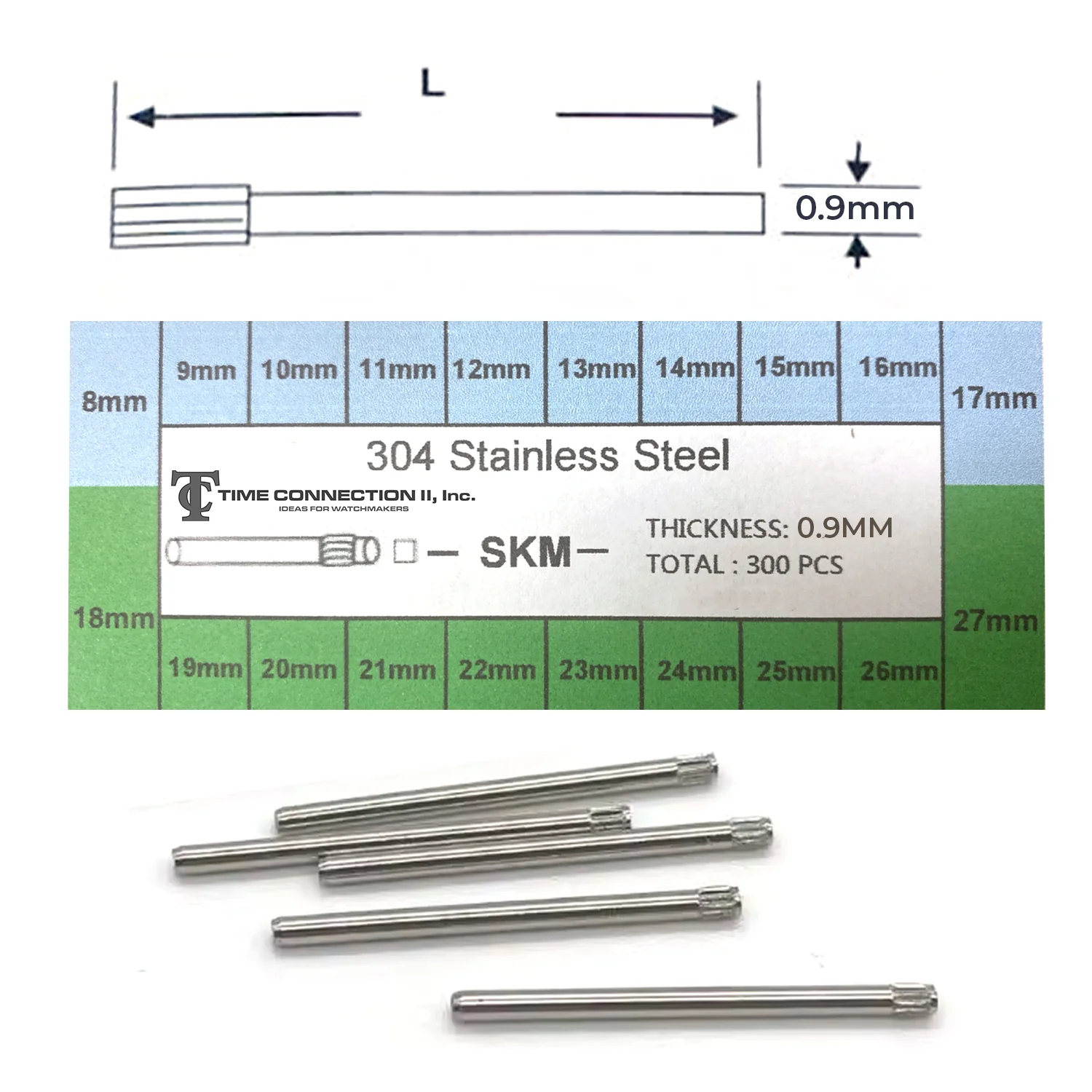 Assortment of Stainless Steel Knurled Pins Ø0.90mm (300 Pieces) Range: 8mm to 27mm