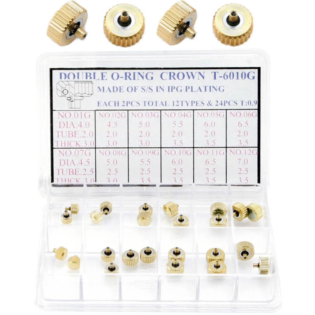CR-T6010G, Double O-Ring IPG Gold Plated Waterproof Crowns (2mm Post)