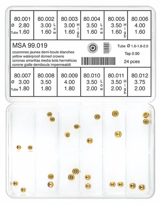Horotec MSA 99.019 Assortment of Yellow Stainless Steel Waterproof Domed Crowns, Tap 0.90mm (24 Total Pieces)