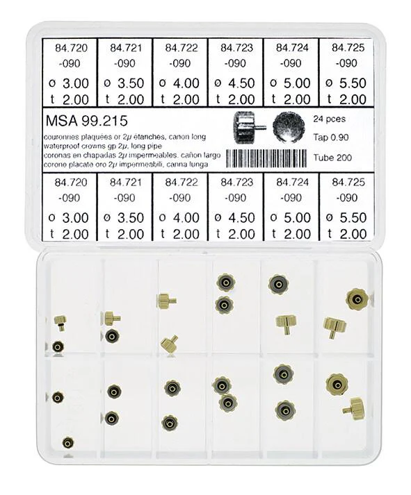 Horotec MSA 99.215 Assortment of Yellow Waterproof Stainless Steel Crowns Long Pipe (24 Pieces)