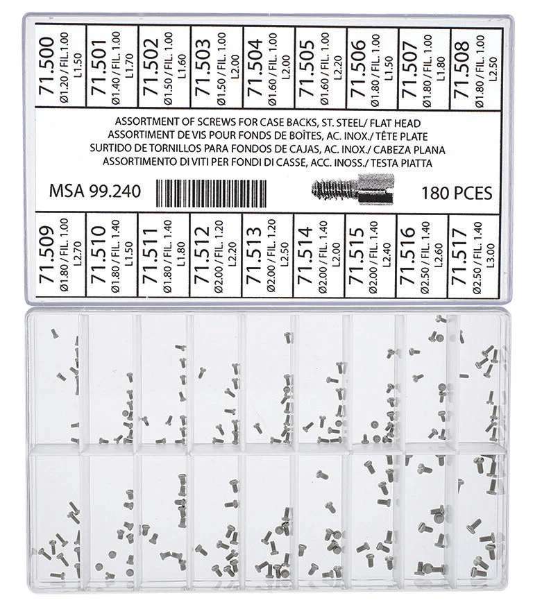 Horotec MSA 99.240 Assortment of Stainless Steel Screws for Case Backs With Flat Head (180 Pieces)