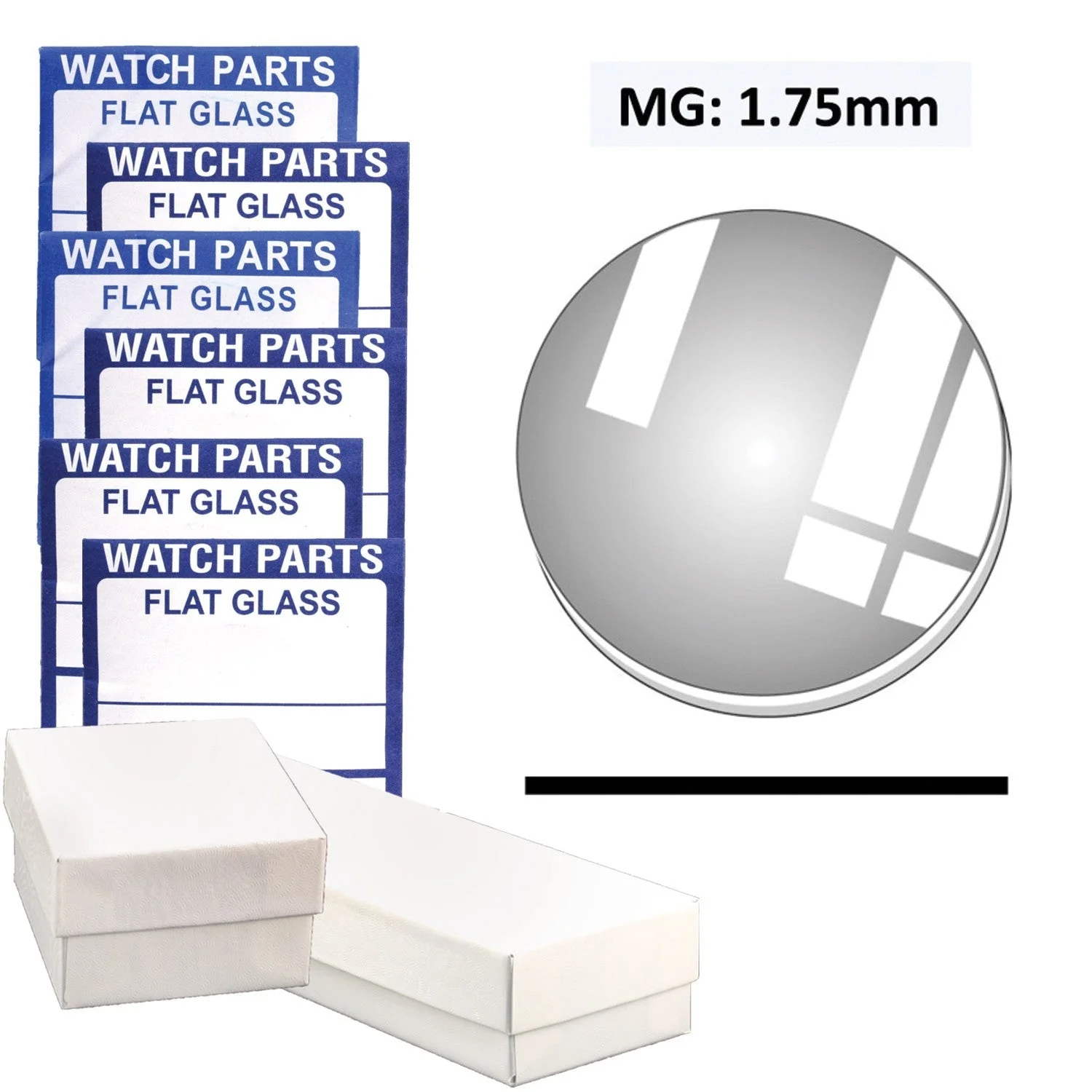 MG: 1.75mm Thick Round Flat Mineral Glass Crystal (17.0~34.0mm) Set of 35 PCs