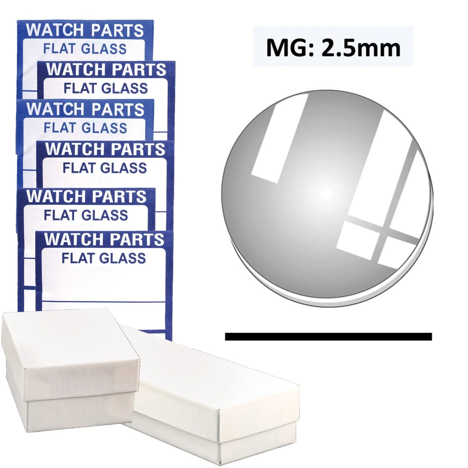 MG: 2.5mm Thick Round Flat Mineral Glass Crystal, (17.0~45.0mm) Set of 57 PCs