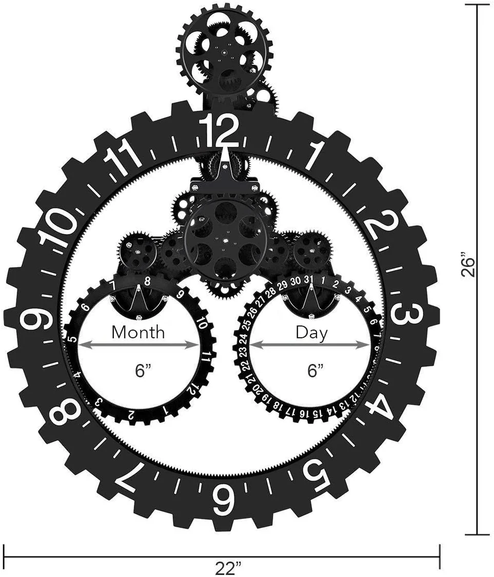 Modern Heavy Mechanical Gear Calendar / Day Wall Clock - Image 4