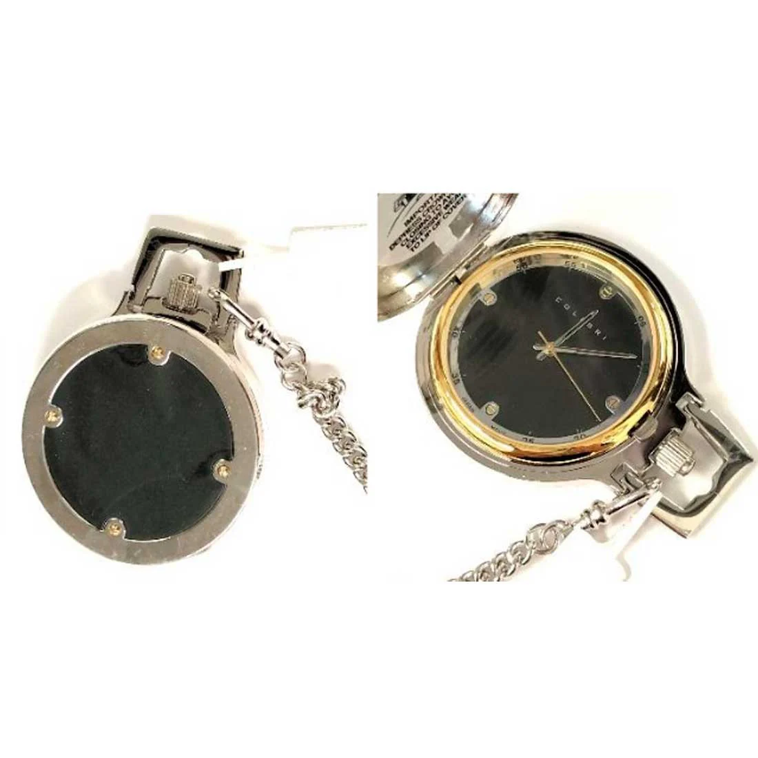 PW-203, Colibri Silver and Black Pocket Watch with Gold Trim / Black Face