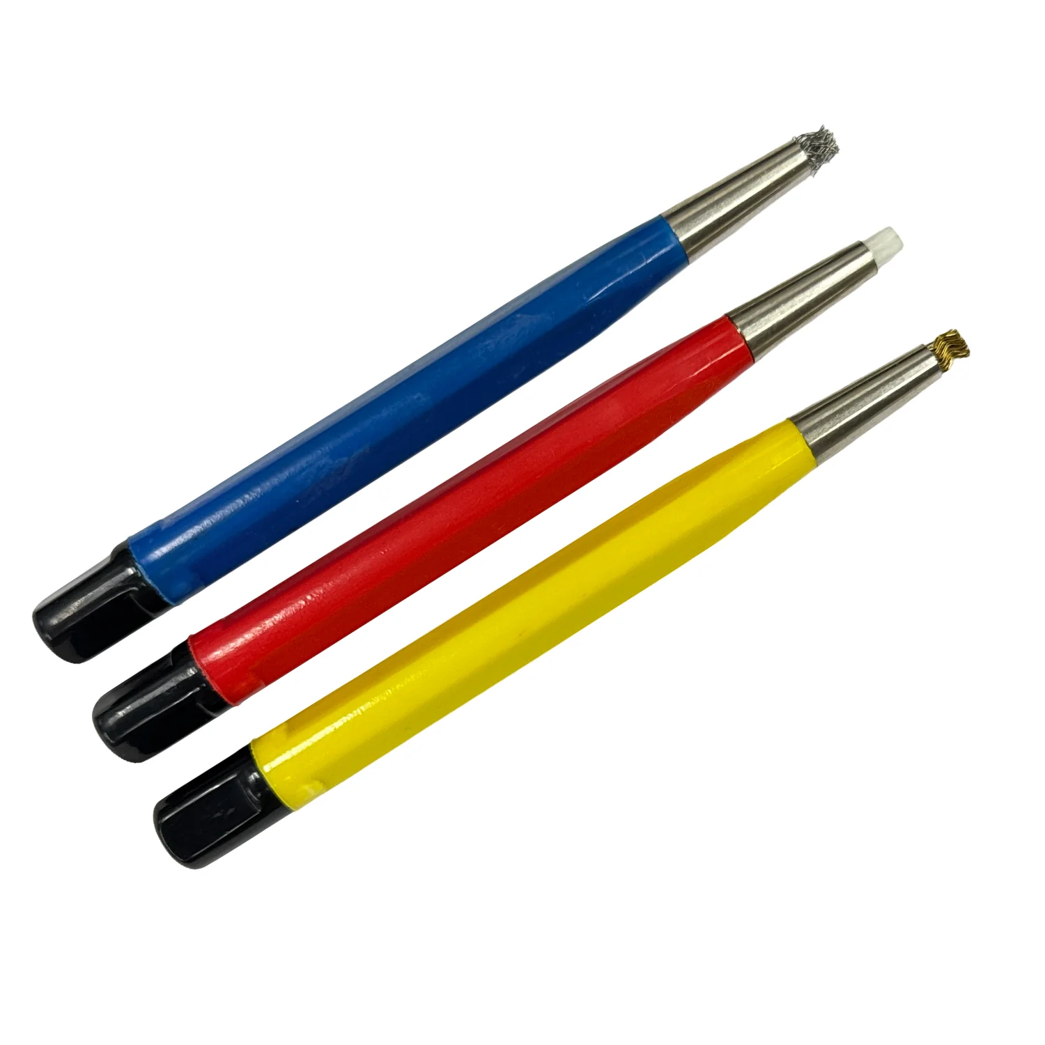 Set of 3 Scratch Brushes with Metal Ferrules (Steel, Fiberglass, Brass)
