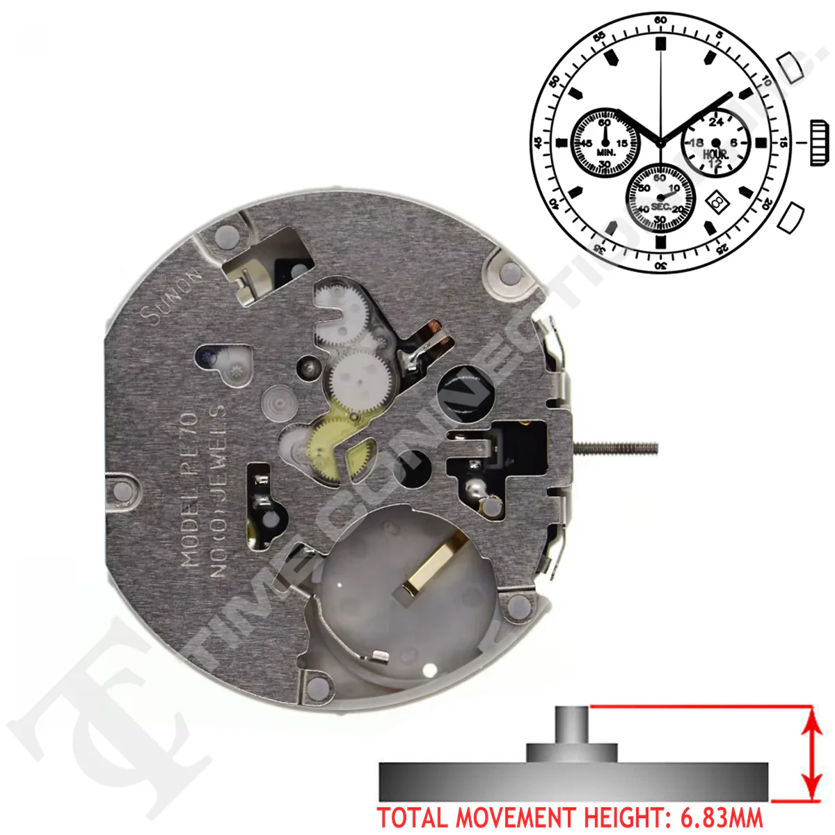 SUNON PE702 Chinese Quartz 3 Hands Multi Function Watch Movement Ht. 6.83mm - Image 2